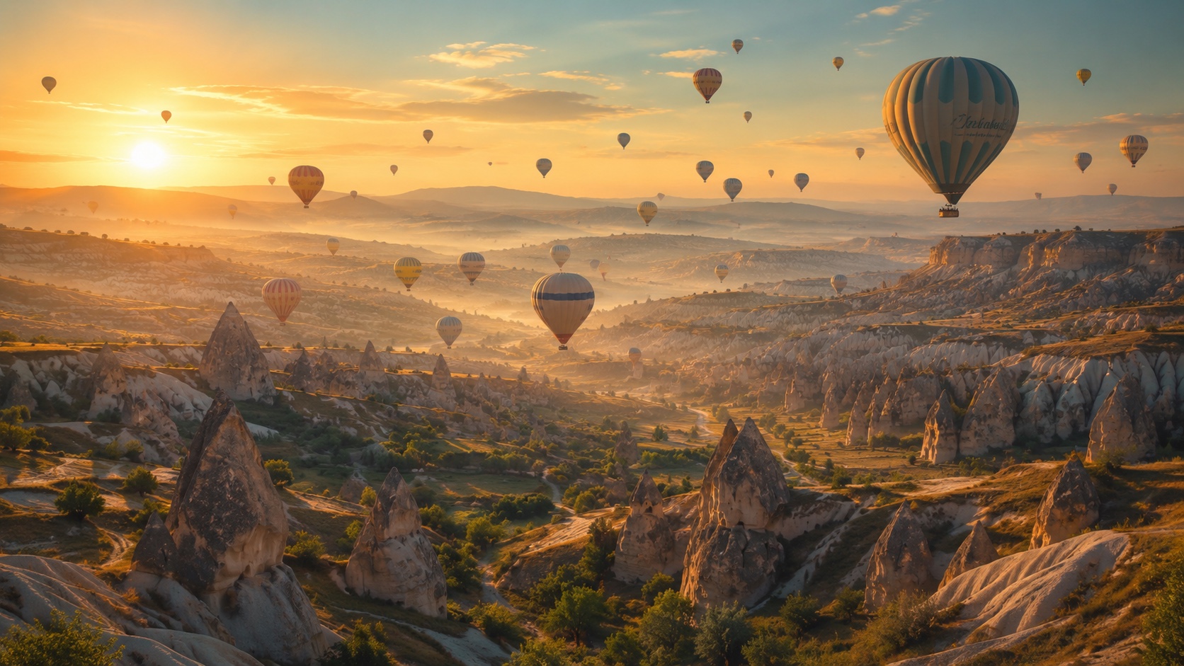 Dozens of hot air balloons over Cappadocia's rock valleys at sunrise